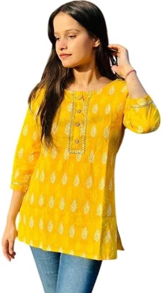 SAICHA Women's Yellow Cotton Kurti with Leaf Print